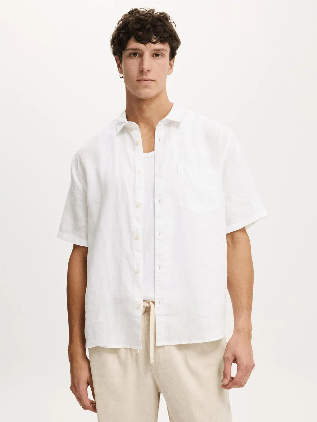 Men's Cotton On White Relaxed Linen Short Sleeve Shirt