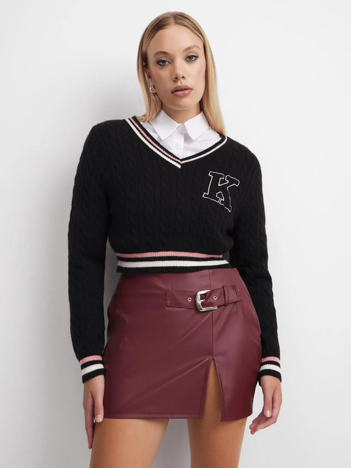 Women's Burgundy PU Mini Skirt With Belt detail