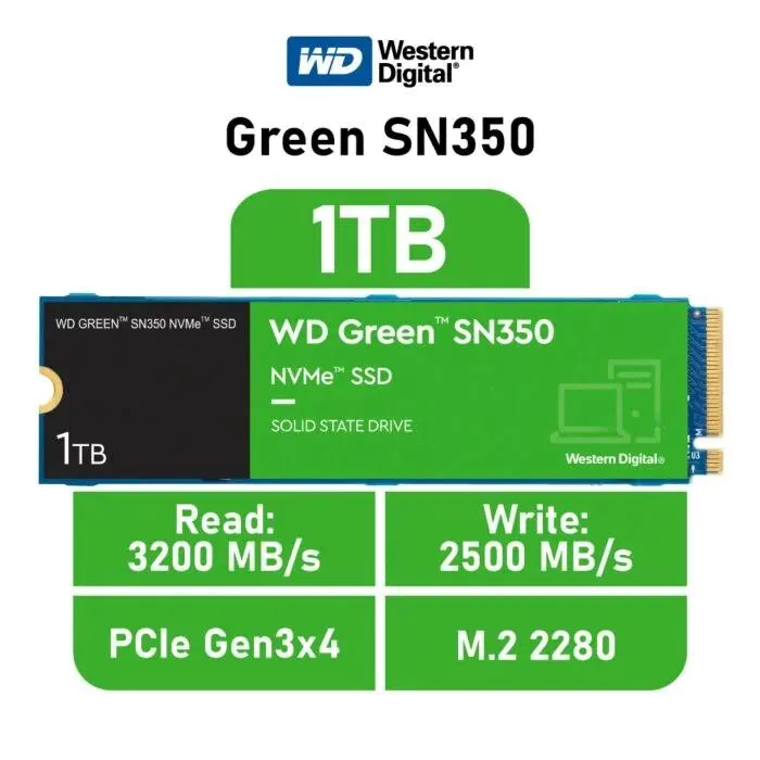 Western Digital Green SN350 1TB PCIe Gen3x4 WDS100T3G0C M.2 2280 Solid State Drive
