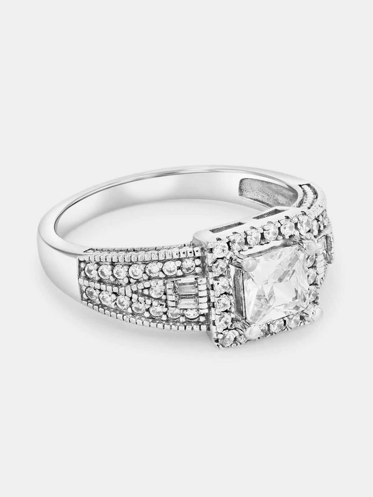 Sterling Silver Cubic Zirconia Milgrain Princess Ring