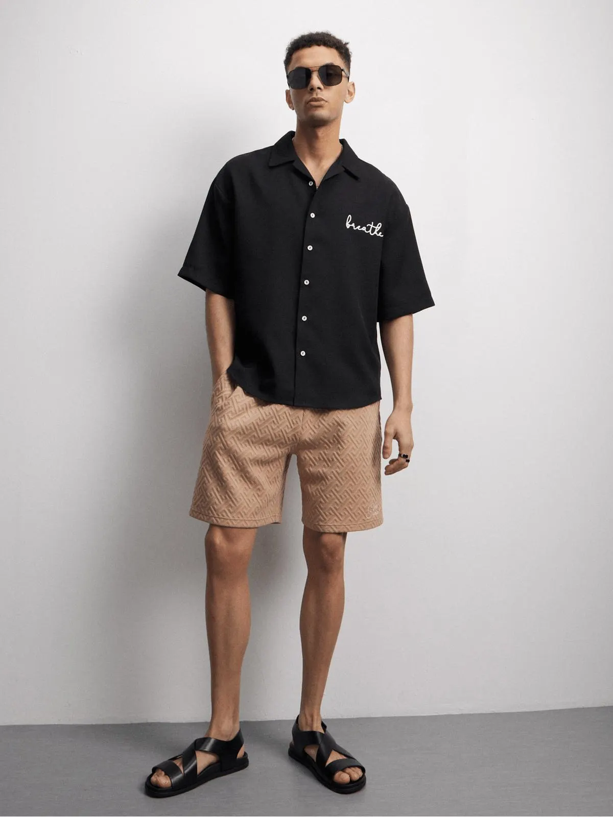 The FIX Men's Natural Co-Ord Embroidered Shorts