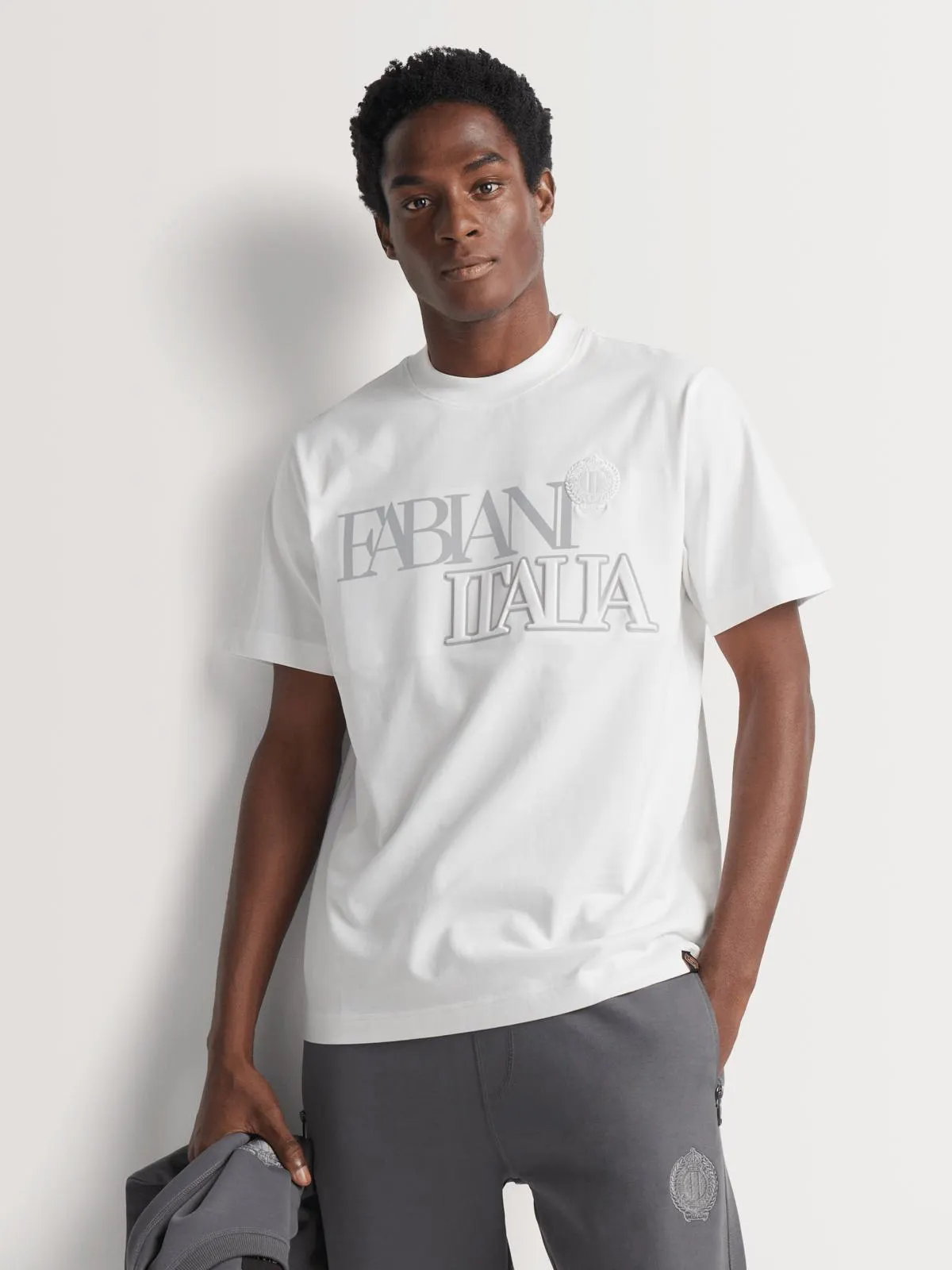 Fabiani Men's White Embroidered Print T-Shirt