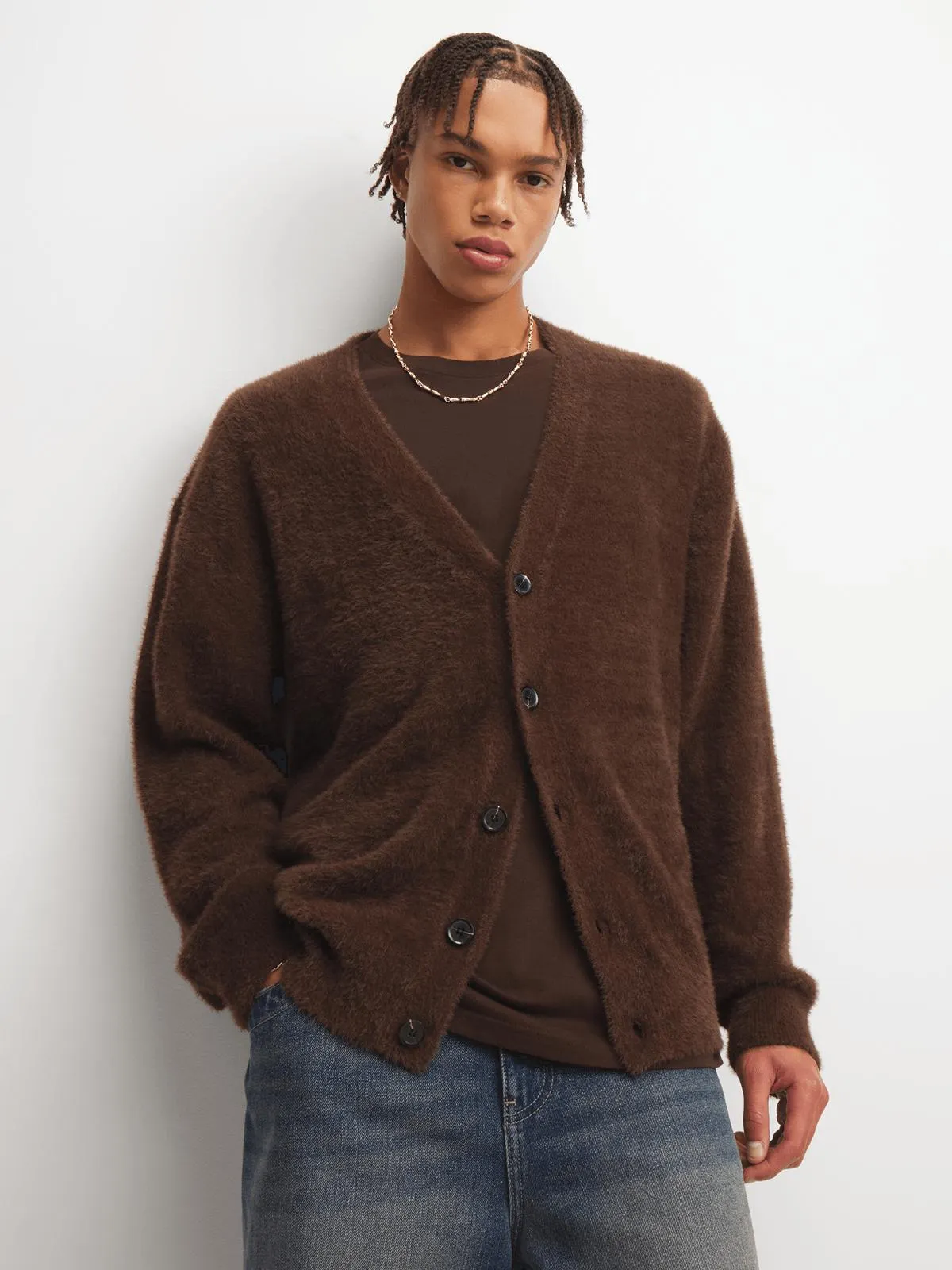 The FIX Men's Brown Fuzzy Cardigan