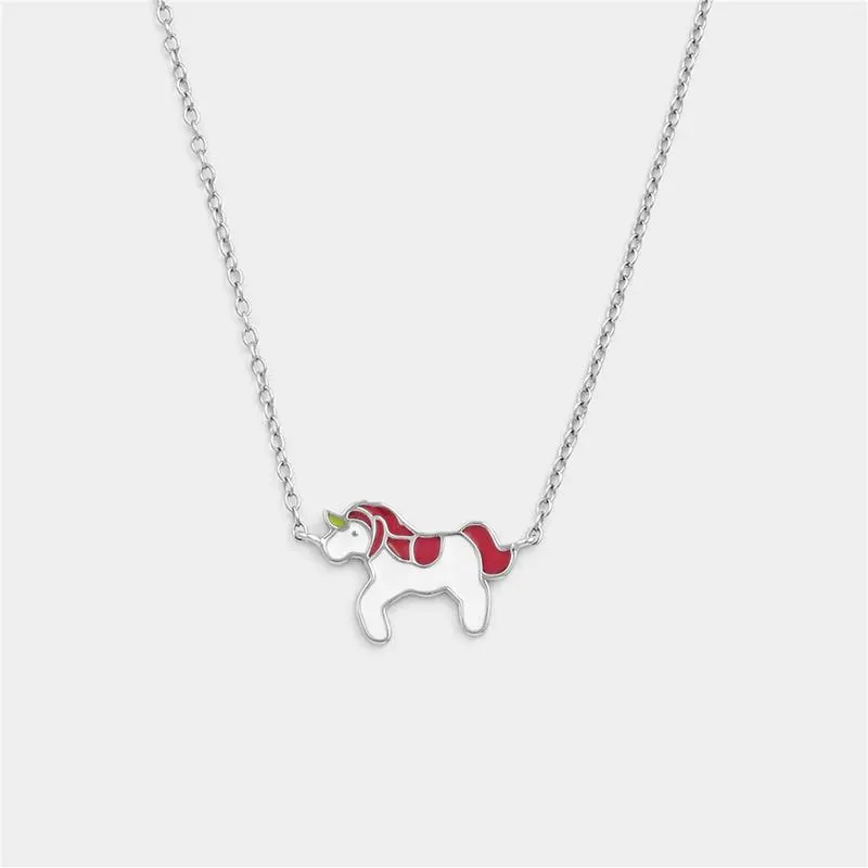 Sterling Silver White & Pink Enamel Unicorn Necklace