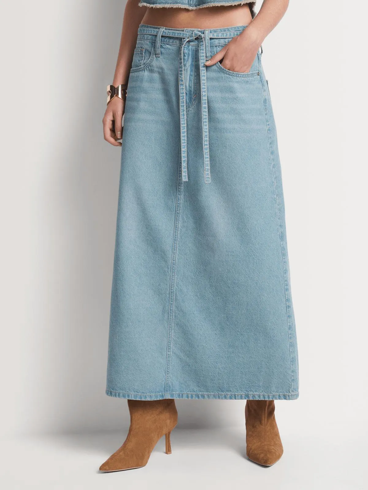 FF Denim Fluid Waist Tie Midi Skirt