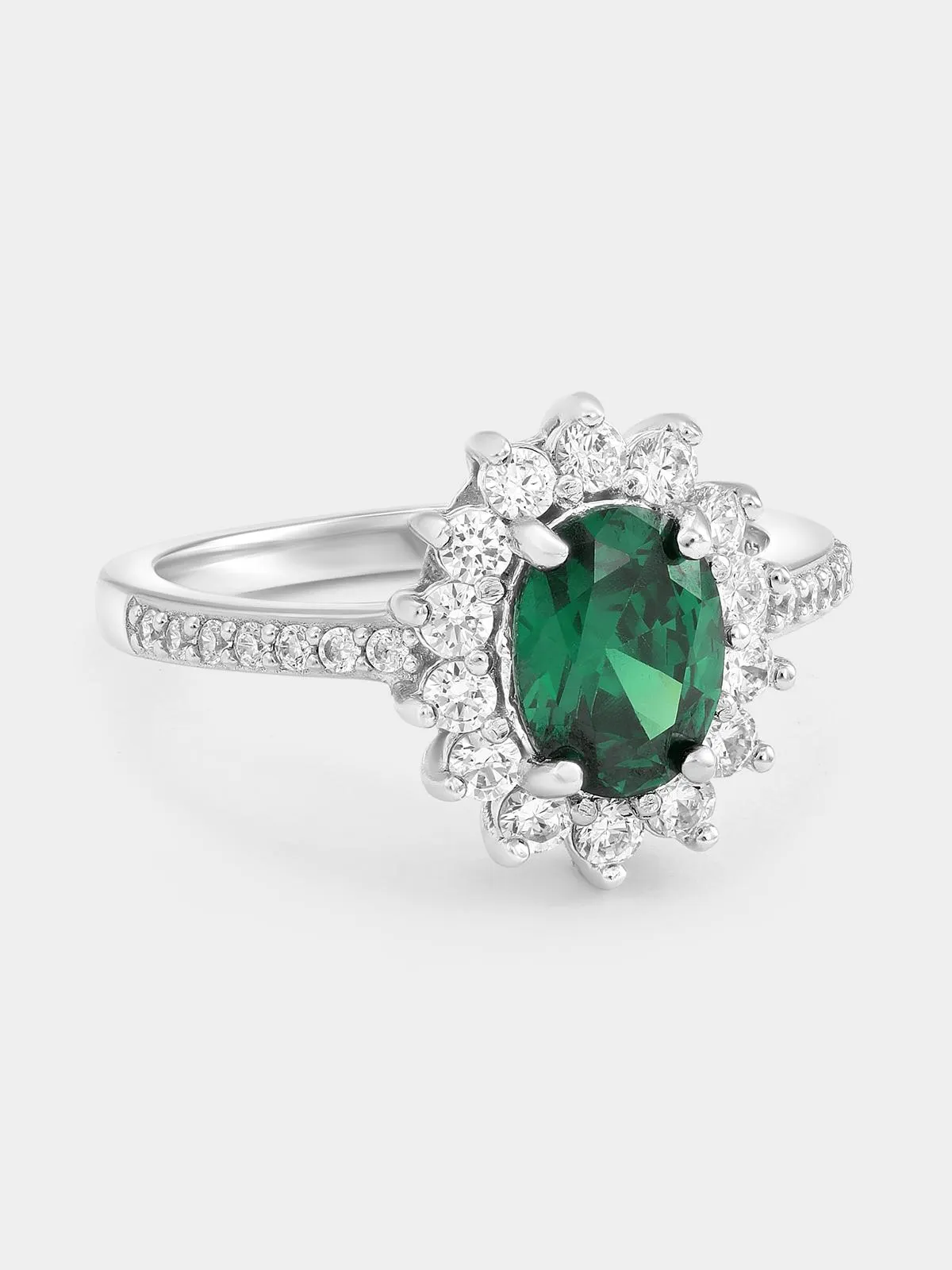 Sterling Silver Green Cubic Zirconia Oval Halo Ring