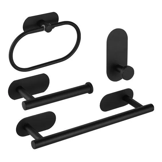 4PCS Bathroom Accessories Stick On Self adhensive Oval Shape Towel Bar (40cm length)Towel Ring Toilet Paper Holder Robe Hook Black