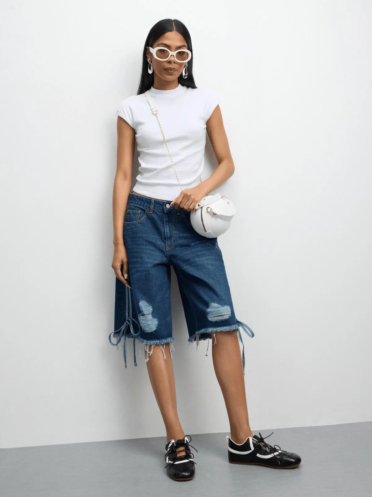 The FIX Women's Mid-Wash Sporty Stripe Denim Ripped Bermuda Shorts