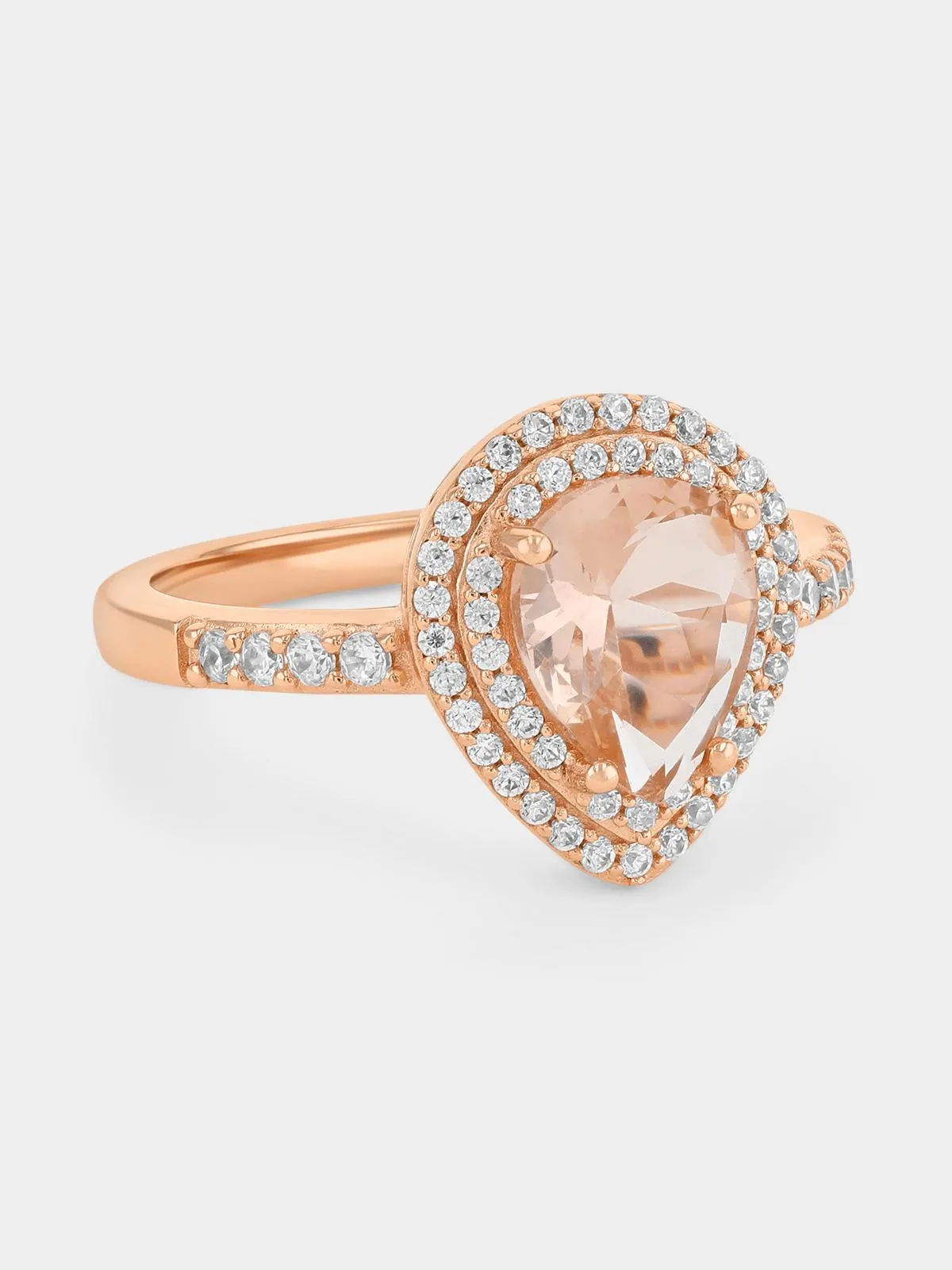 Rose Plated Sterling Silver Morganite Cubic Zirconia Pear Halo Ring