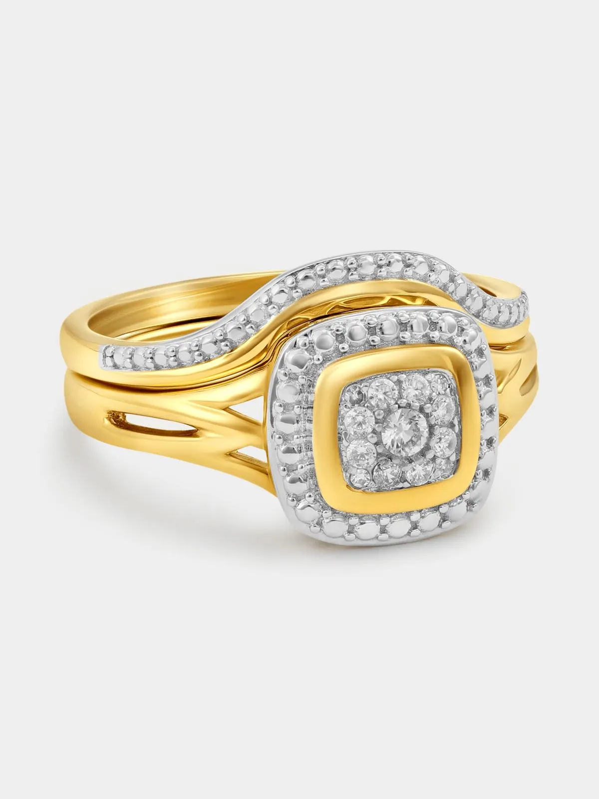 Yellow Gold White Sapphire Multi-Stone Cushion Halo Twinset Ring