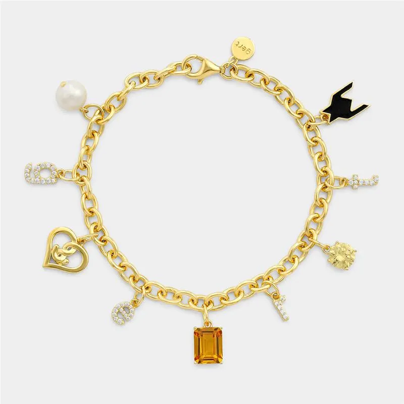 Gert Johan Coetzee Gold-tone Sterling Silver Cognac Cubic Zirconia & Pearl Love Generation Initial Charm Bracelet