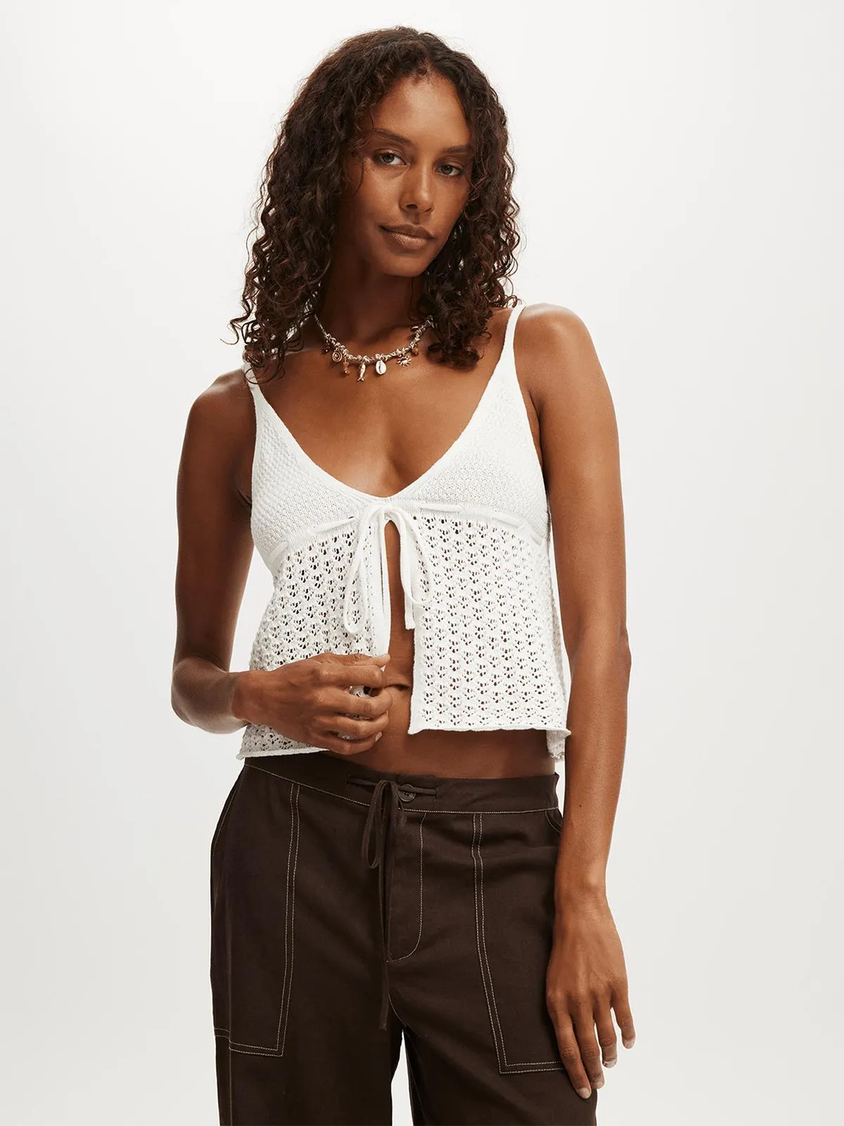 Women's Cotton On White Knit Tie Up Cami