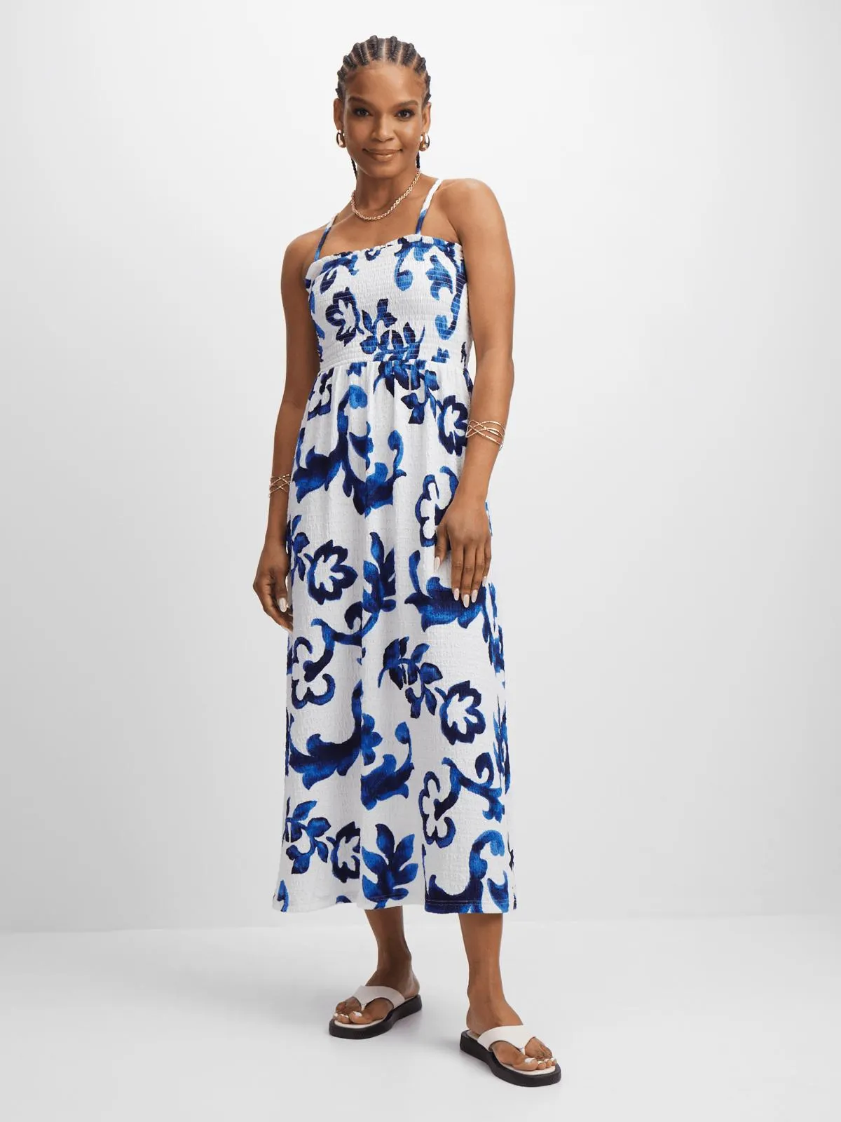 SHIRRED BUST SUNDRESS BLUE FLORAL