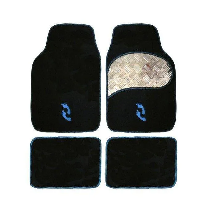 Autogear 4 Piece Floor Mat Set Blue Trim Aluminium Heel Pad
