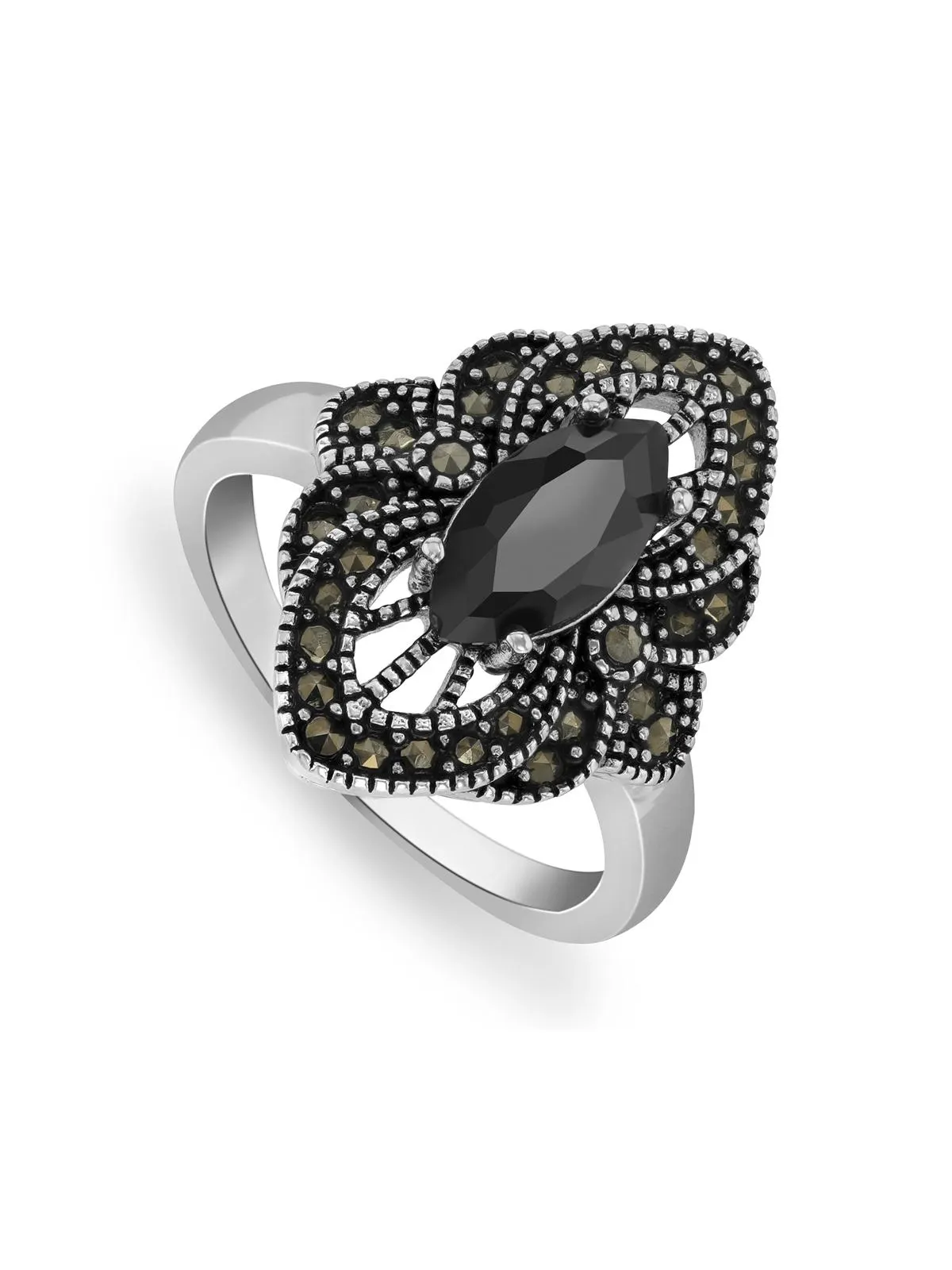 Sterling Silver Marcasite & Black Cubic Zirconia Women’s Cathedral Ring