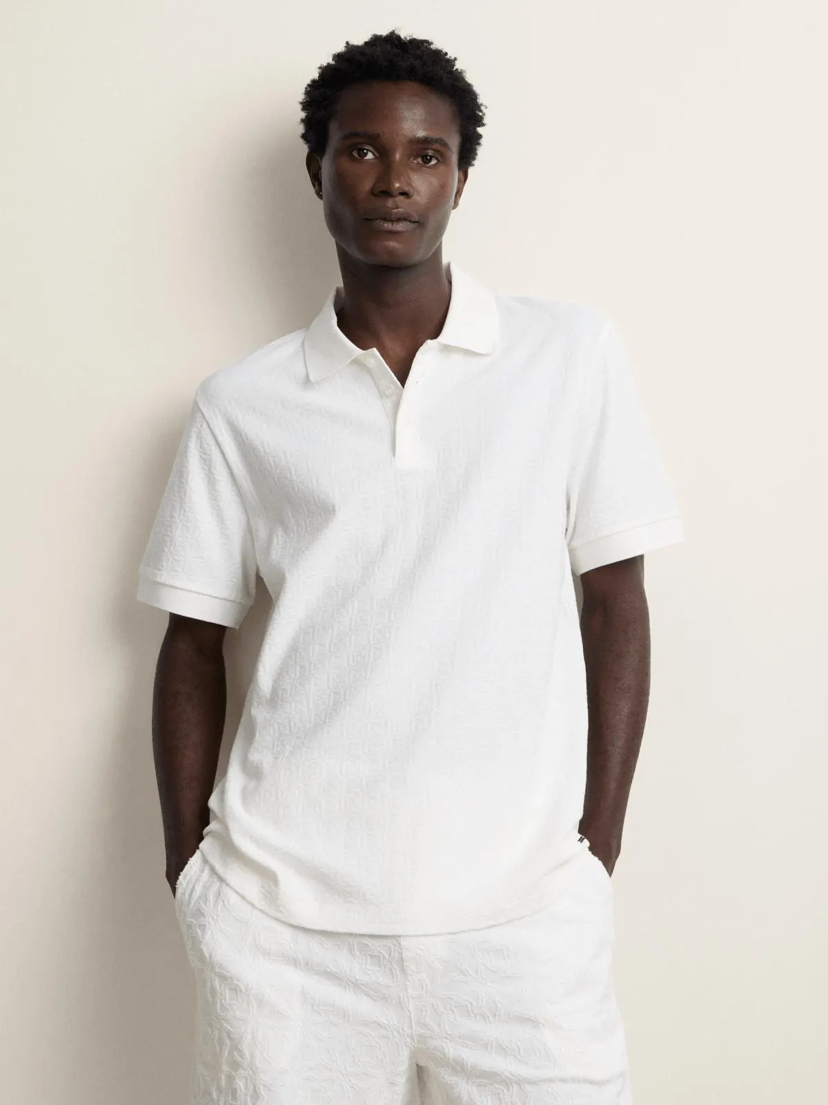 Fabiani Men's Natural Cream Textured Polo Shirt