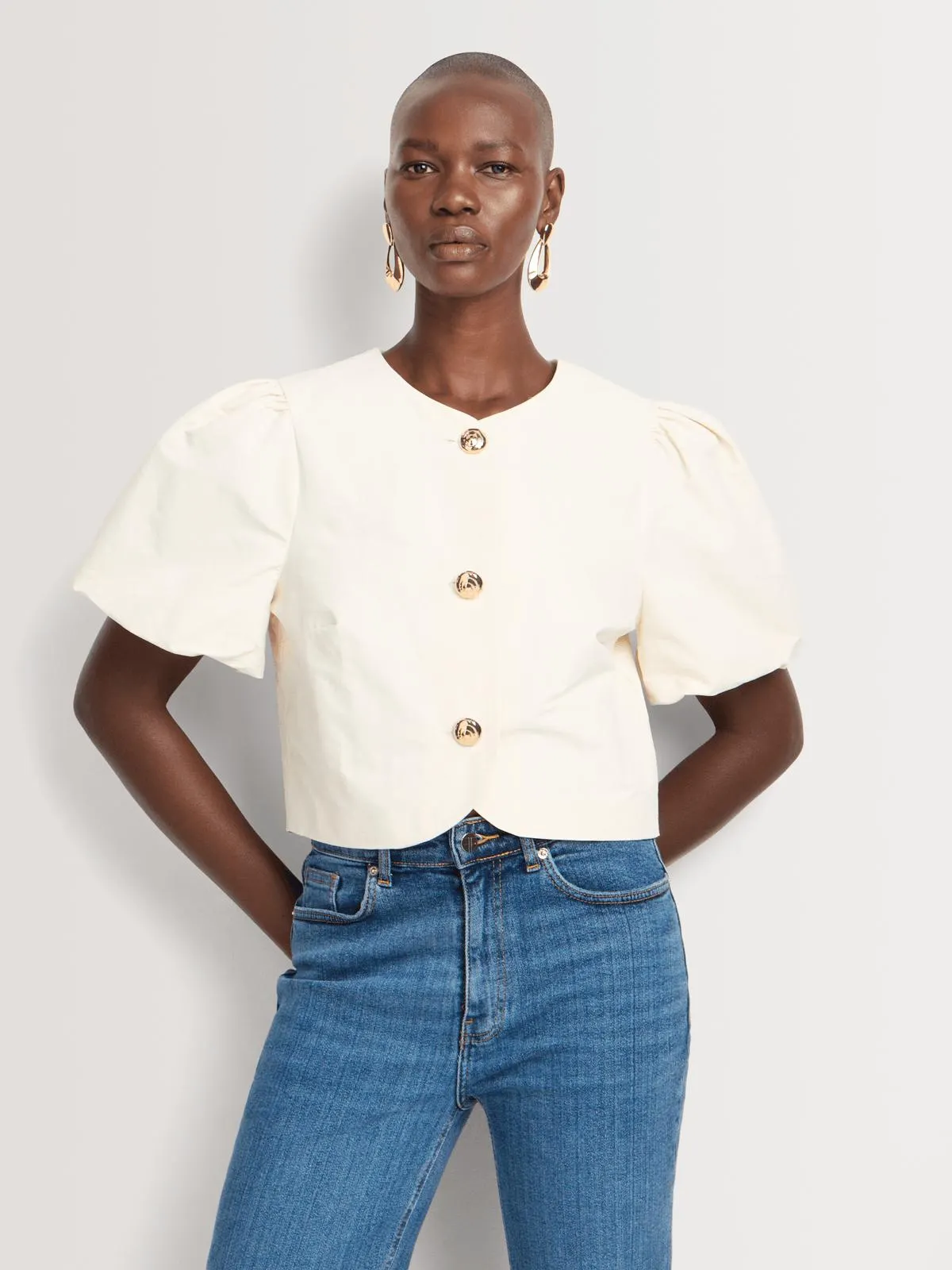 Button Through Puff Sleeve Shell Top