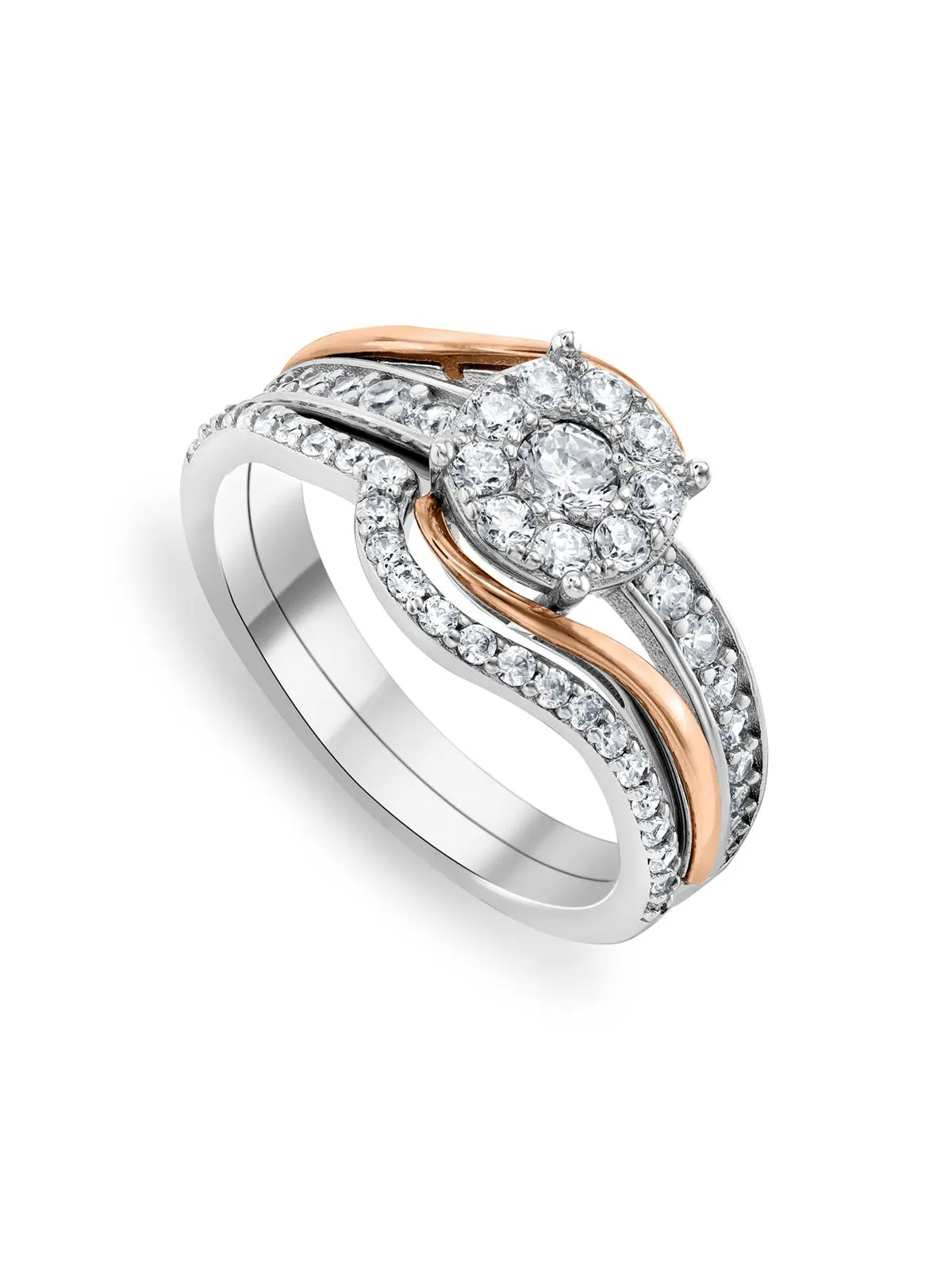 Sterling Silver & Rose Gold Cubic Zirconia Halo Twinset Ring