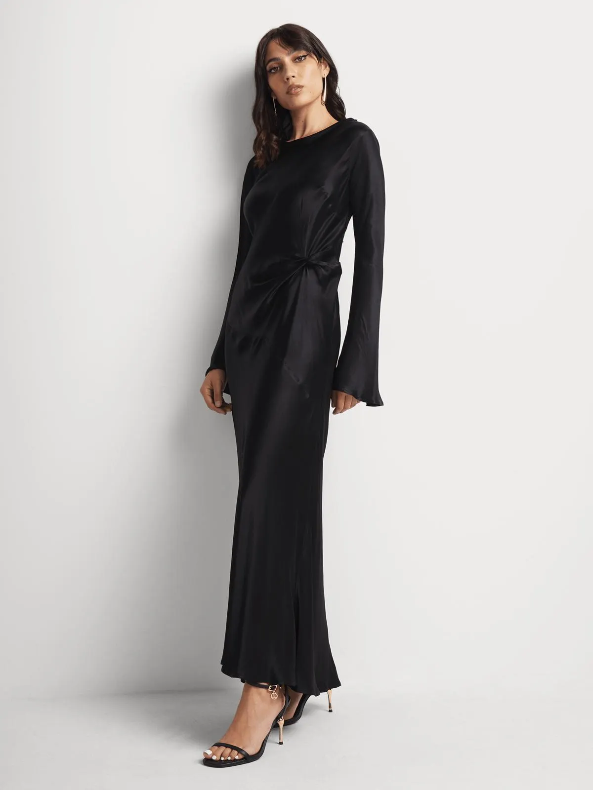 Satin Knot Detail Hem Slit Column Dress