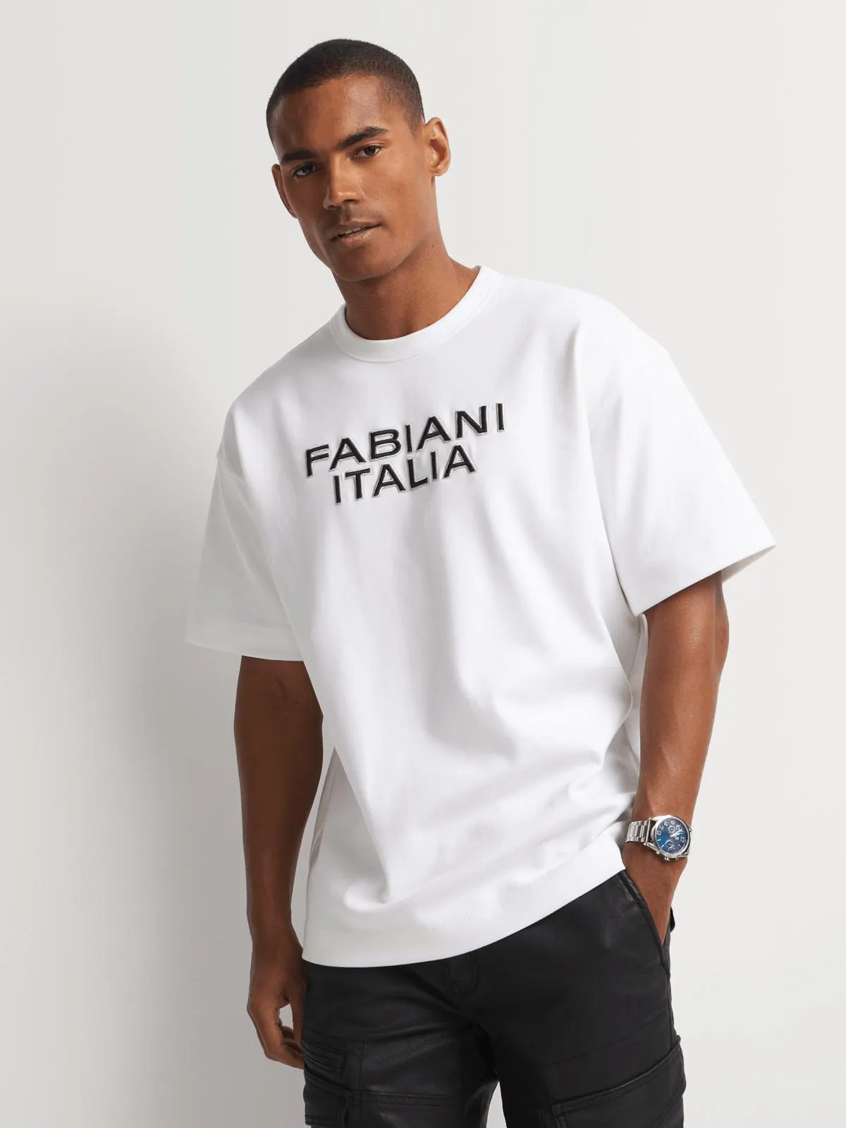 Fabiani Mens Ecru Embroidered Logo T-shirt