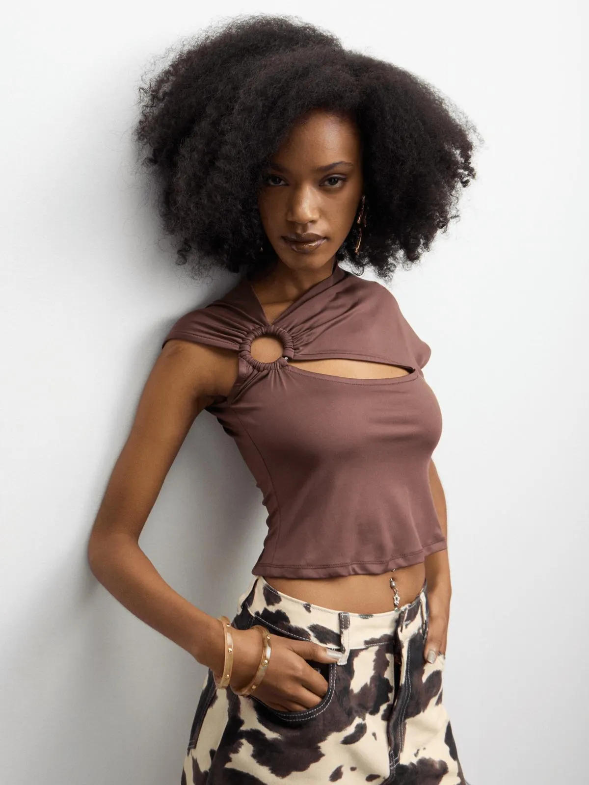 The FIX Women's Brown ITY Asym Top with Cut-out and Ruching