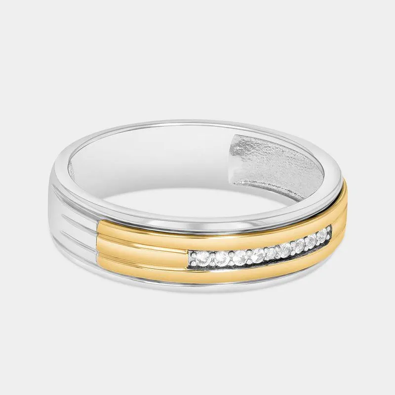 Yellow Gold & Sterling Silver Diamond Horizontal Groove Ring