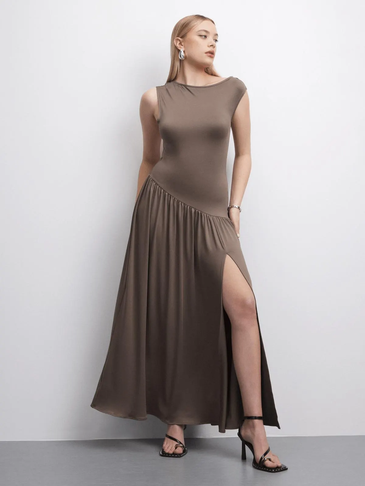 The FIX Women's Bronze Assymetric Draped Slit Maxi Dress