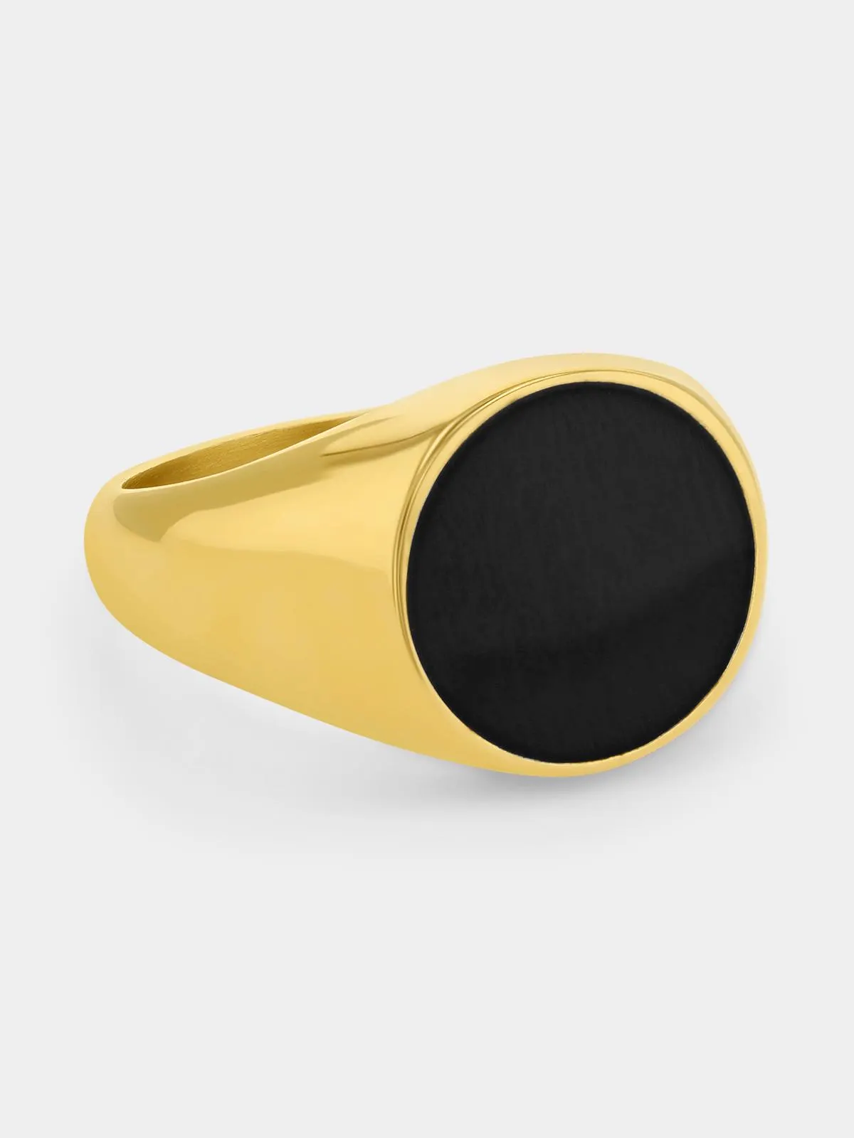 Gold Plated Stainless Steel Black Inlay Round Signet Ring