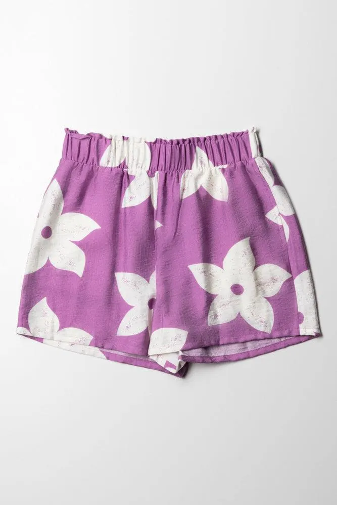 Flower Pull On Shorts Purple & White