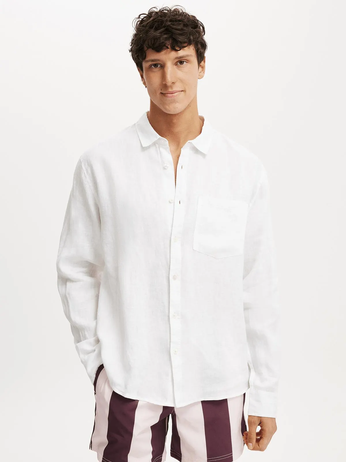 Men's Cotton On White Relaxed Linen Long Sleeve Shirt