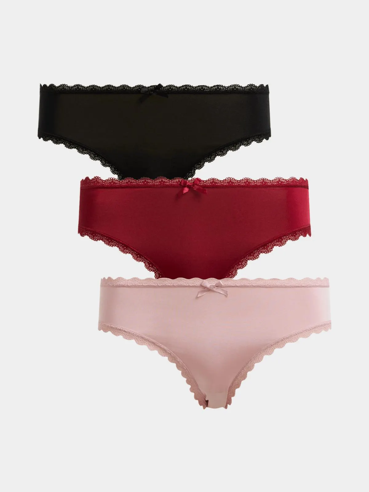 Jet Women’s 3 Pack Blush Red Black Microfibre Lace Trim Bikini