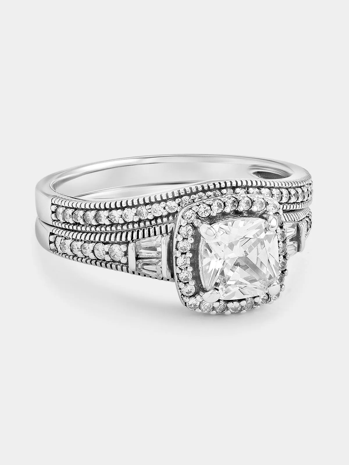 Cheté Sterling Silver Cubic Zirconia Cushion Halo Twinset Ring