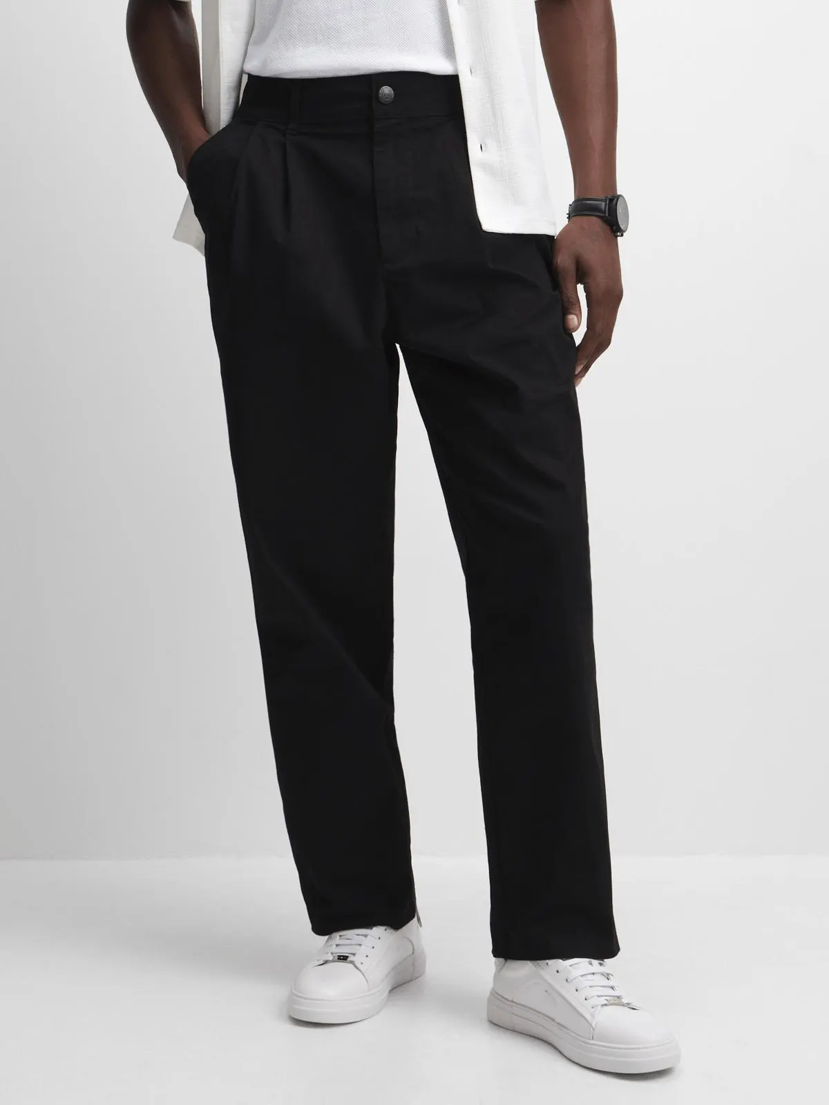 Jet Mens Black Baggy Pleated Chino