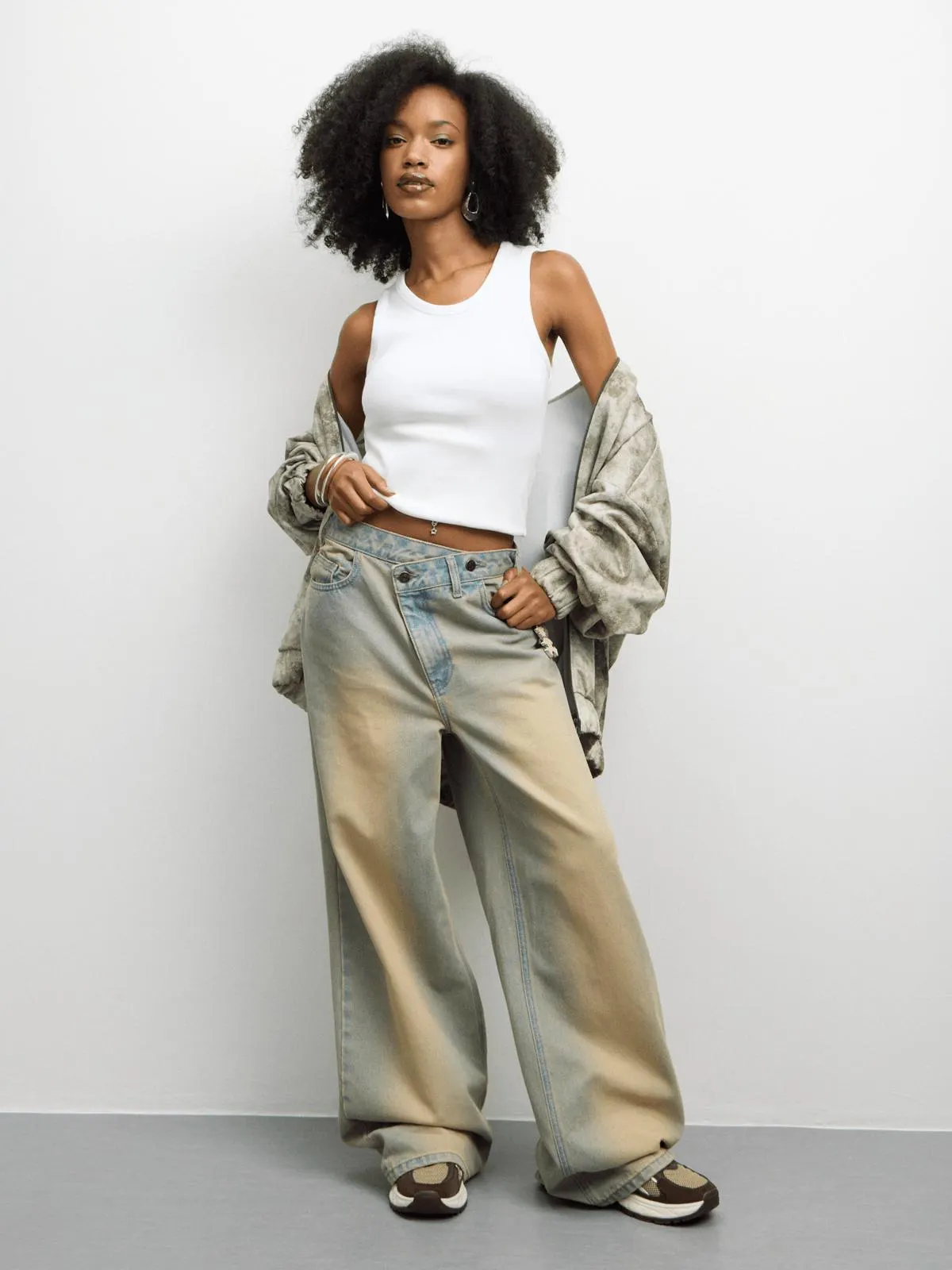 The FIX Women's Vintage Wash Asymmetrical Wide Leg Denim Pants