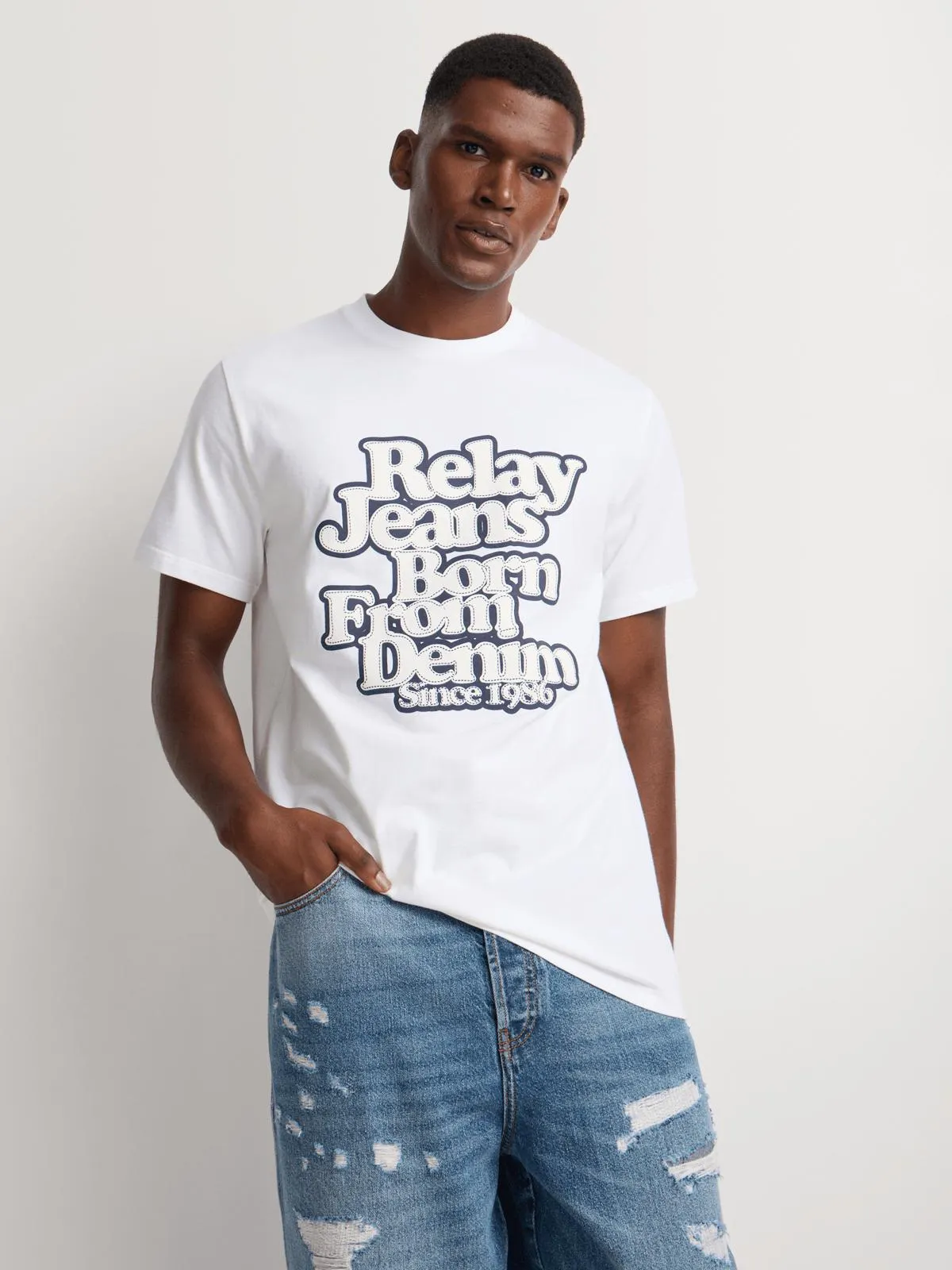 Relay Jeans Men's Regular Fit Stitched Bubble Text White T-Shirt