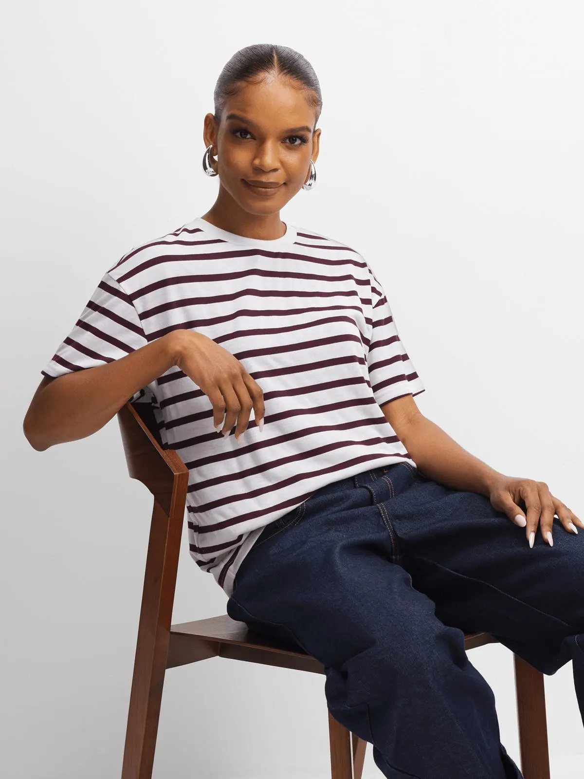 Exact Women's Burgundy & White Striped T-Shirt