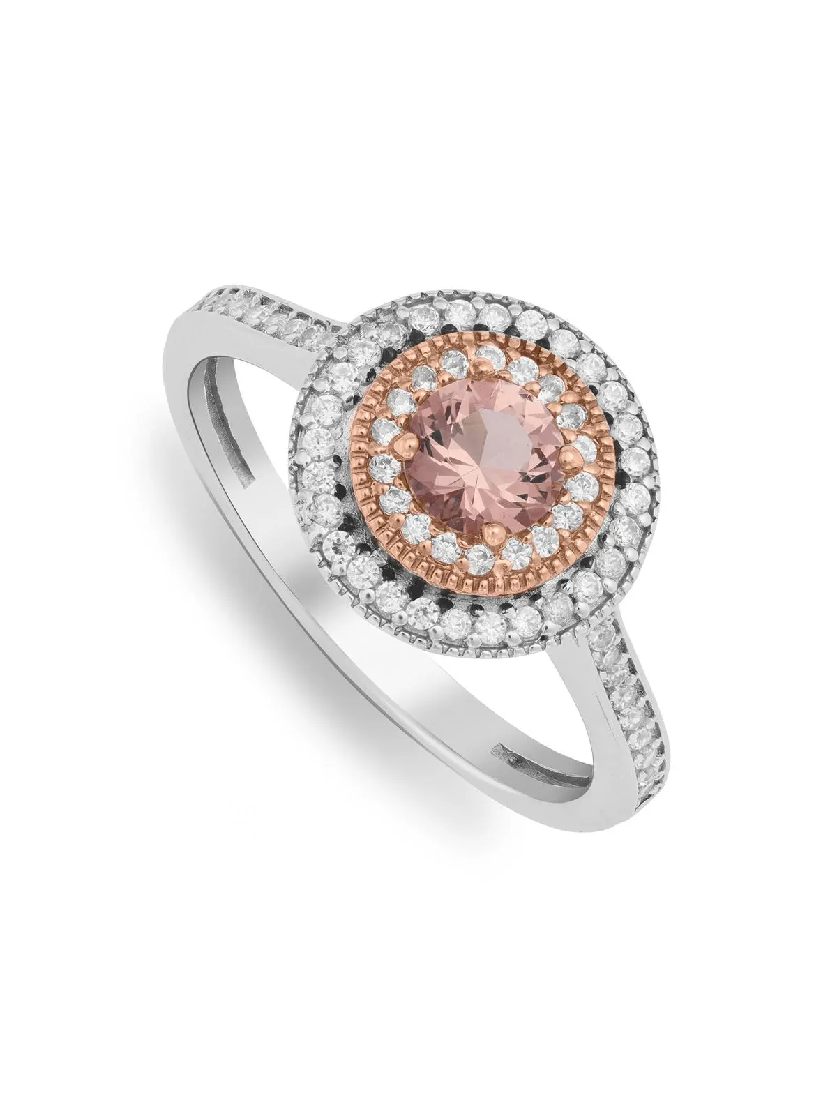 Sterling Silver & Rose Gold Pink Cubic Zirconia Halo Ring