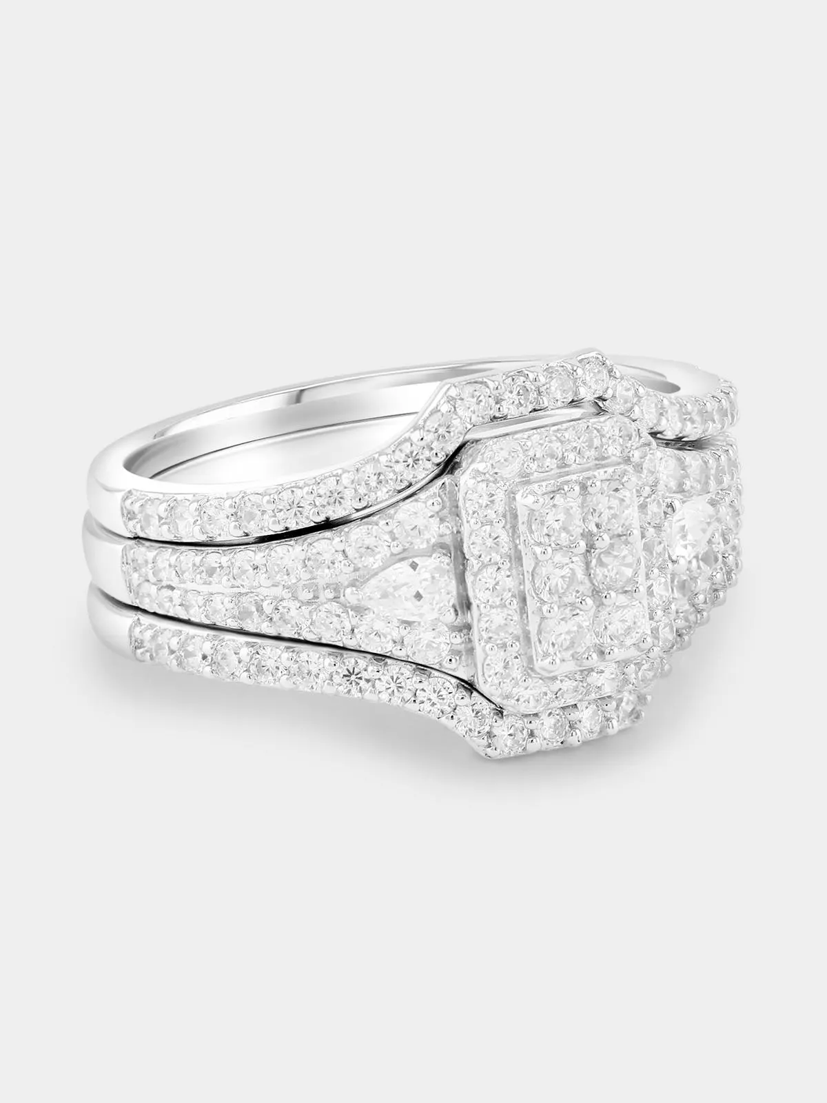 Cheté Sterling Silver Cubic Zirconia Emerald Halo Triple Set Ring