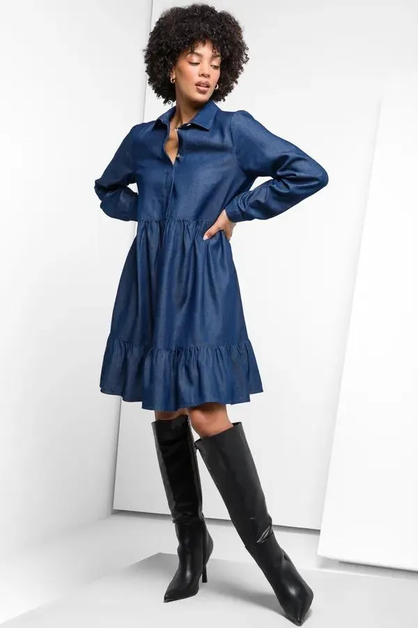 Tiered denim shirt dress dark blue