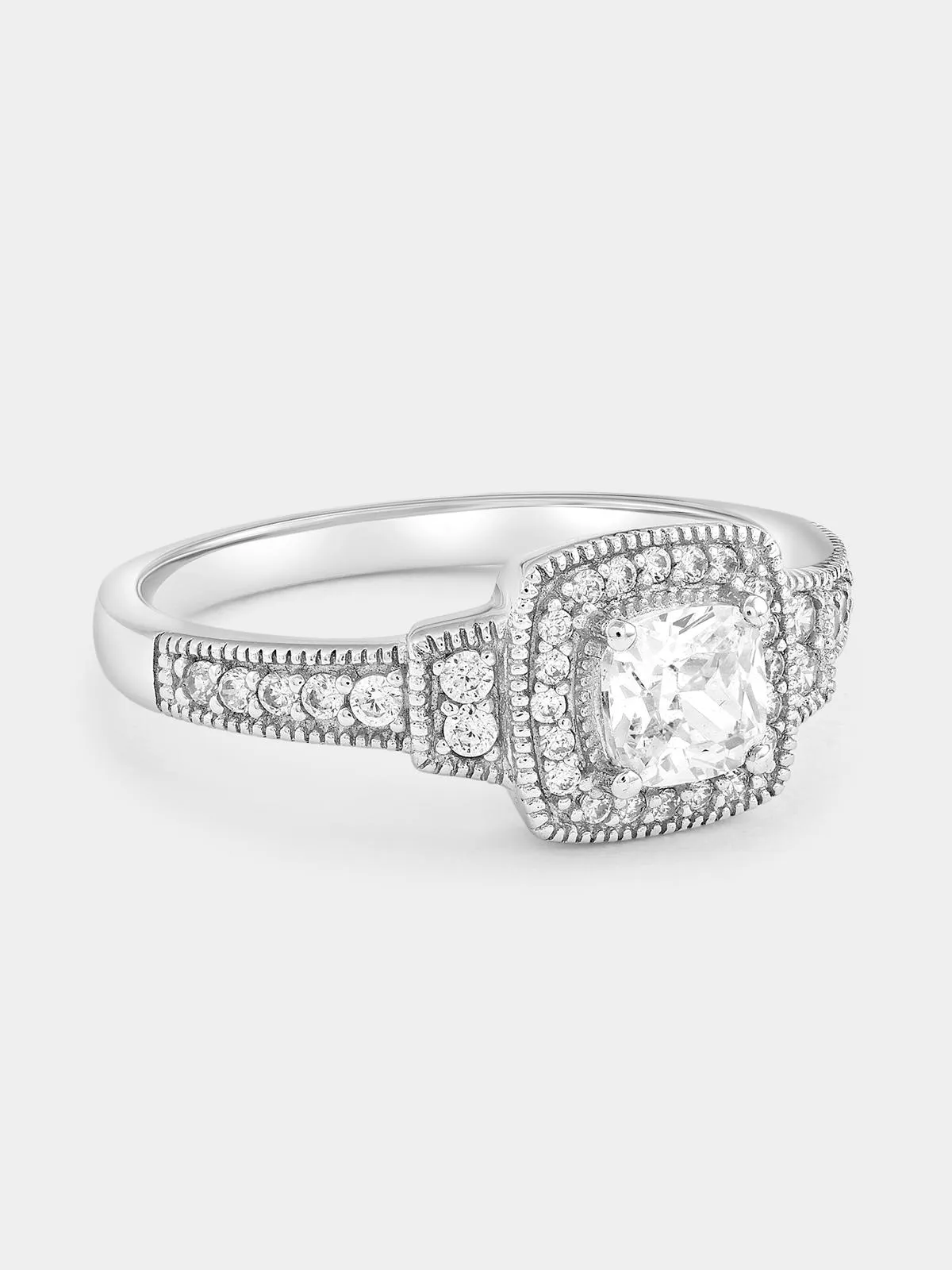 Cheté Sterling Silver Cubic Zirconia Cushion Halo Steps Ring