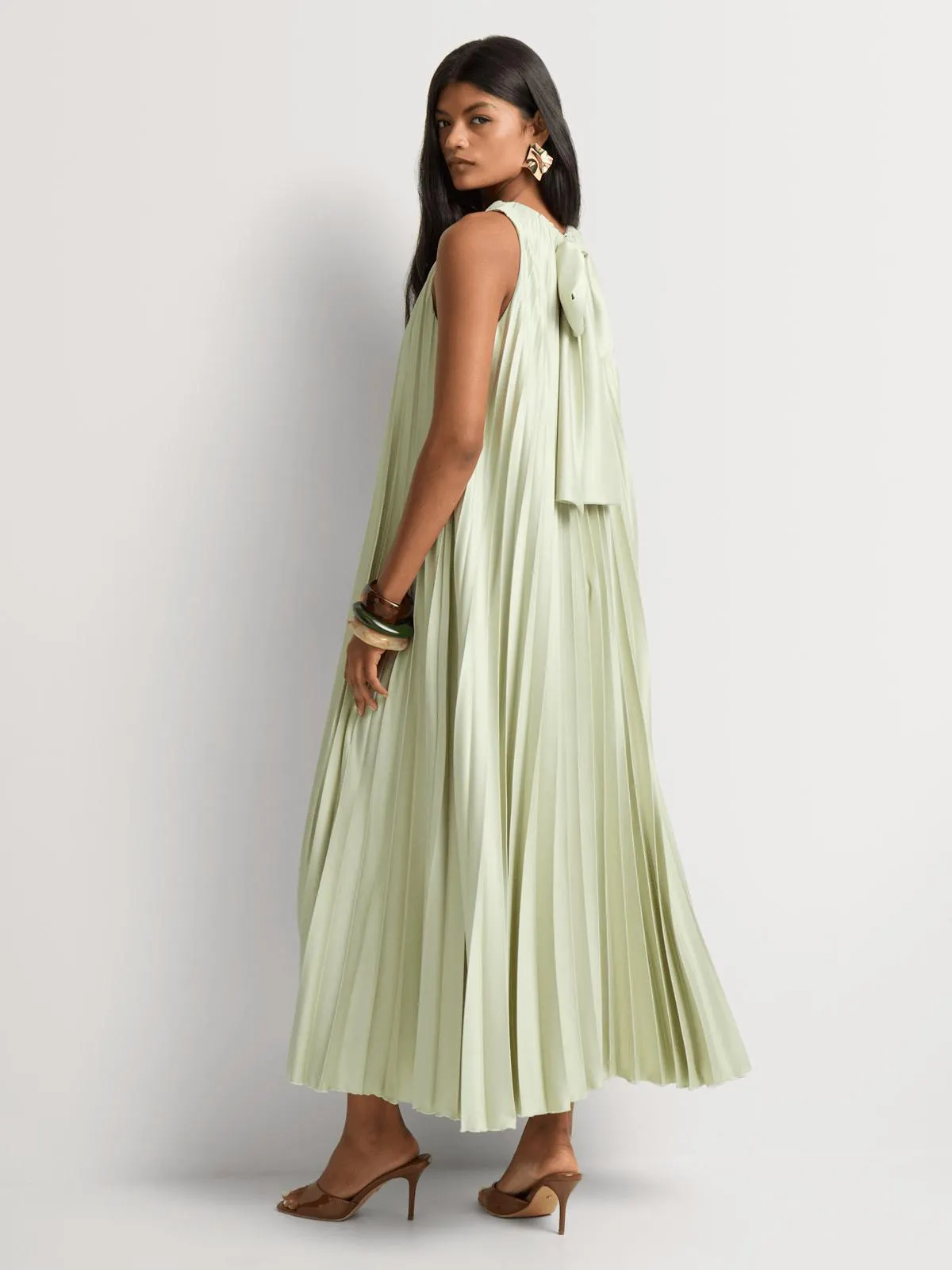 Satin Pleated Halterneck Column Dress