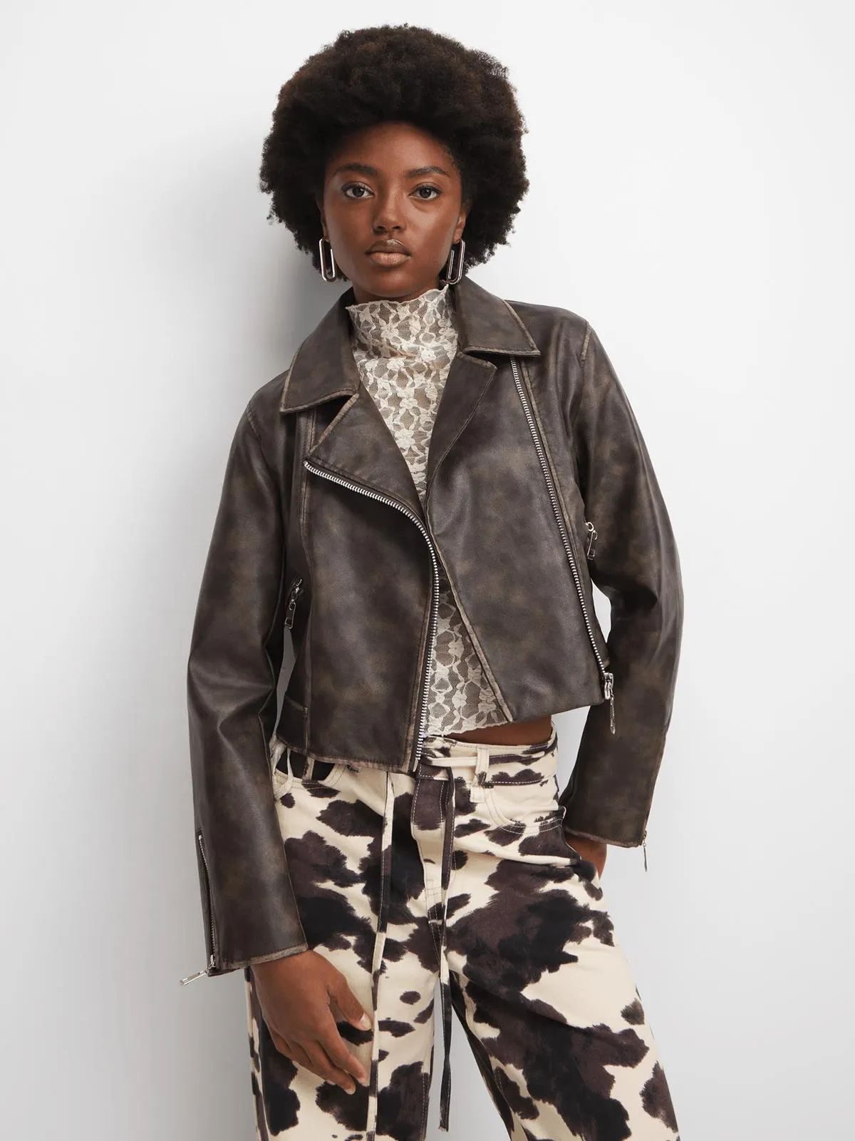 The FIX Women's Brown Burnished PU Biker Jacket