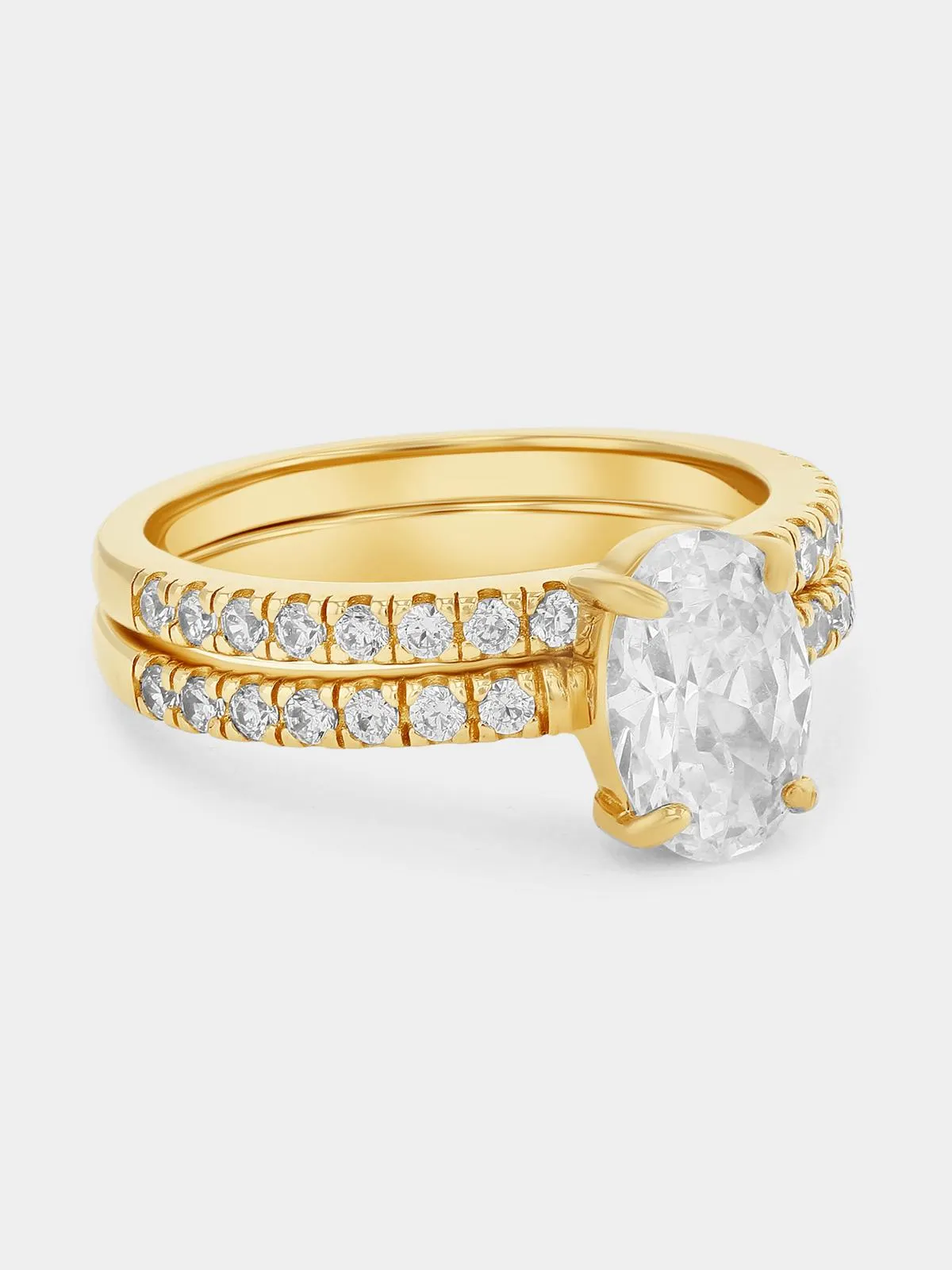 Gold Plated Sterling Silver Cubic Zirconia Oval Solitaire Twinset Ring