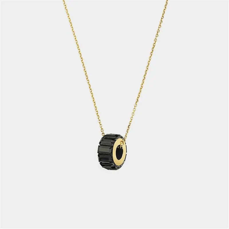 Yellow Gold Black Crystal Barrel Pendant on Chain.