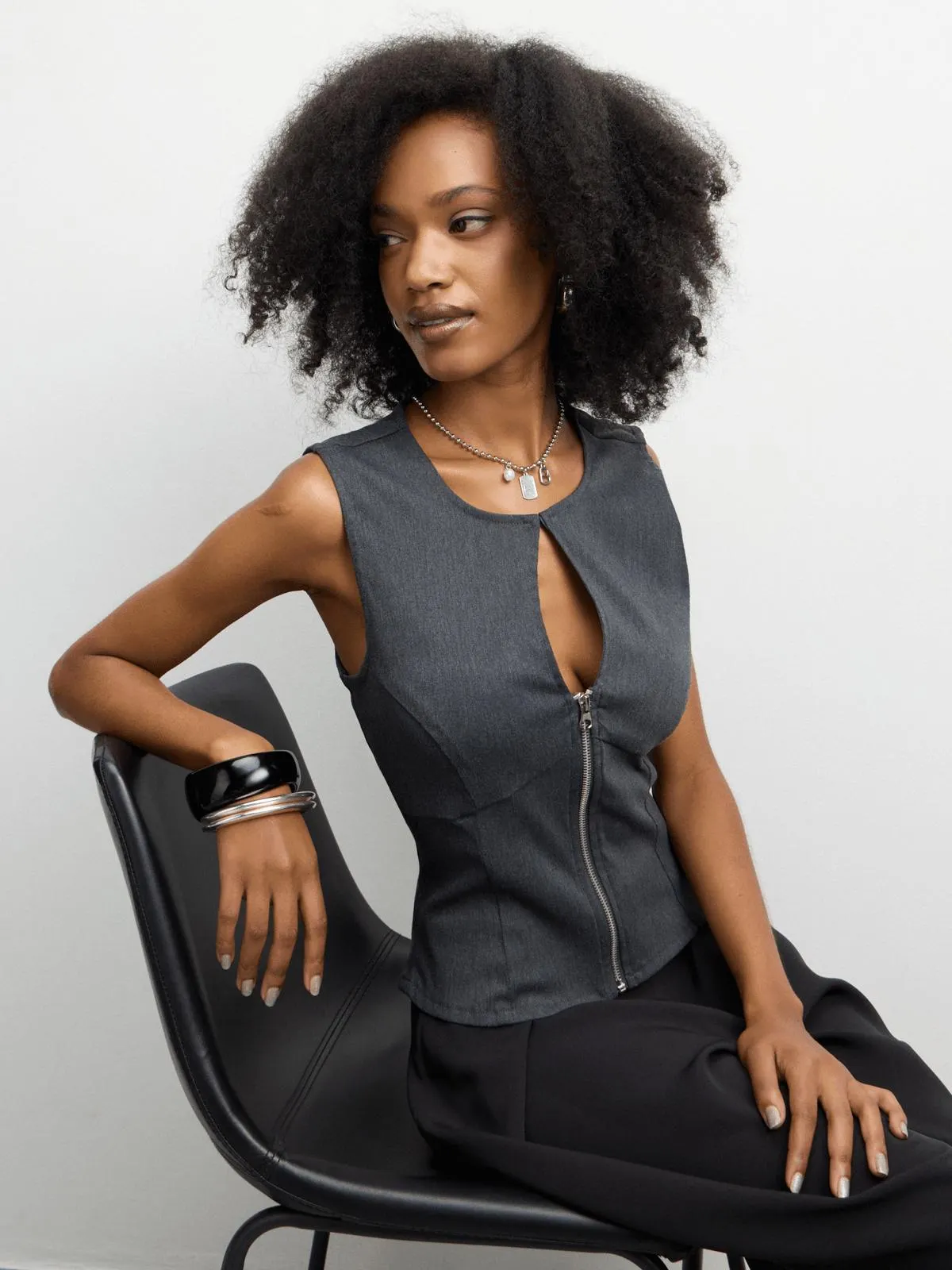 The FIX Women's Charcoal Bengaline Waistcoat With Zip Top