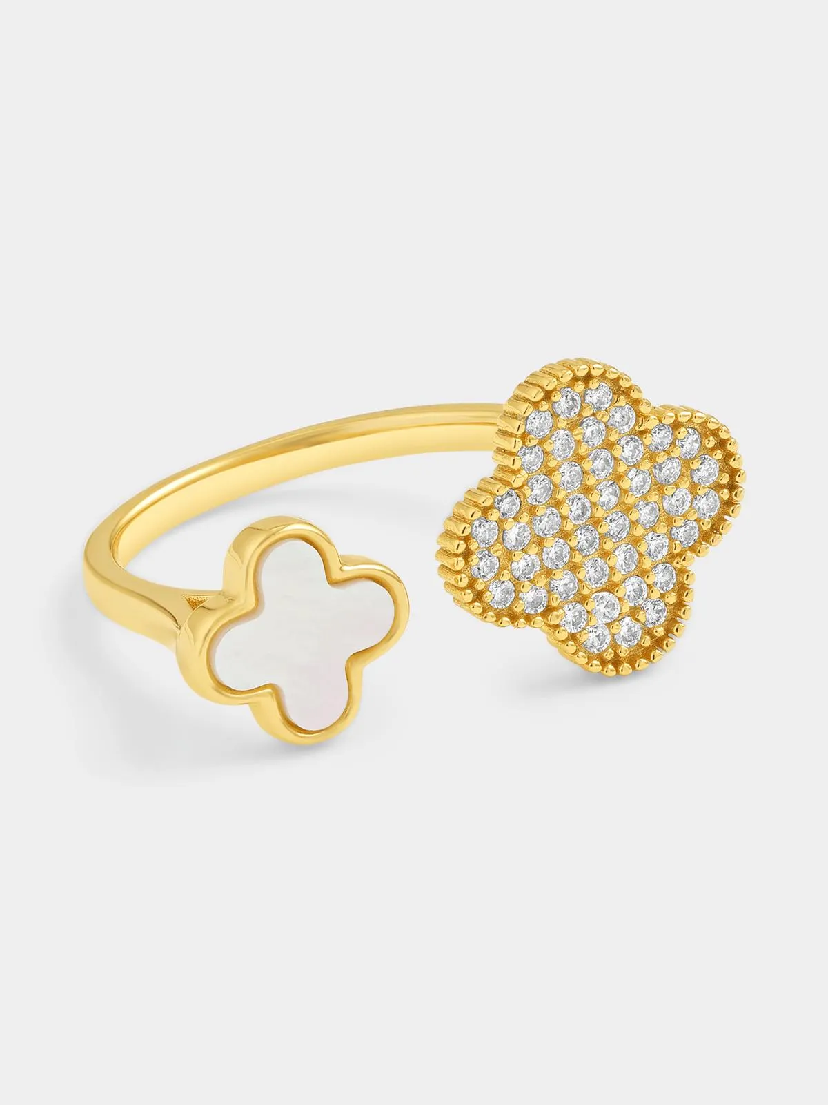 Yellow Gold Vermeil Mother Of Pearl Clover Bend Up Ring