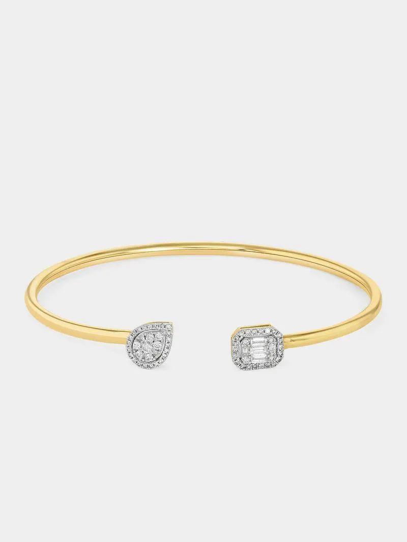 Yellow Gold 0.50ct Diamond Cushion Pear Cuff Bangle