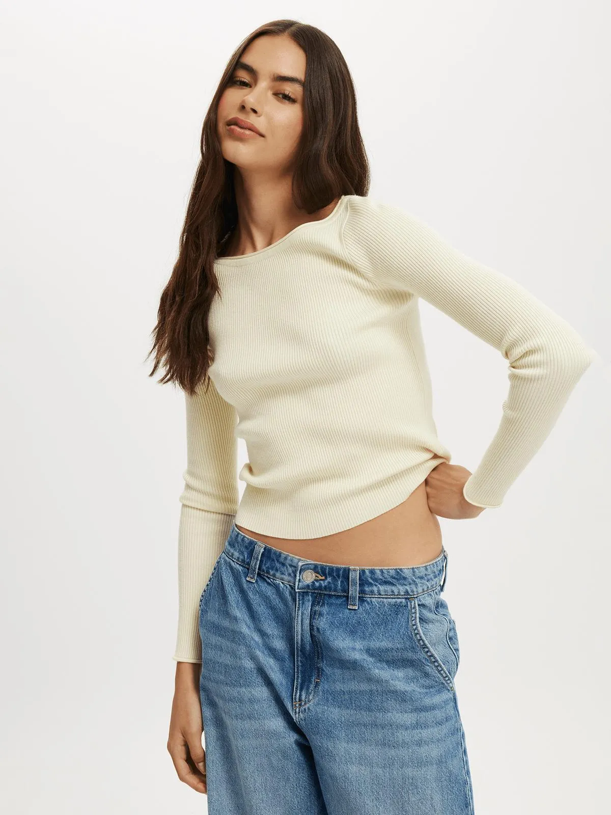 Women's Cotton On Yellow Everfine Boat Neck Knit Long Sleeve Top