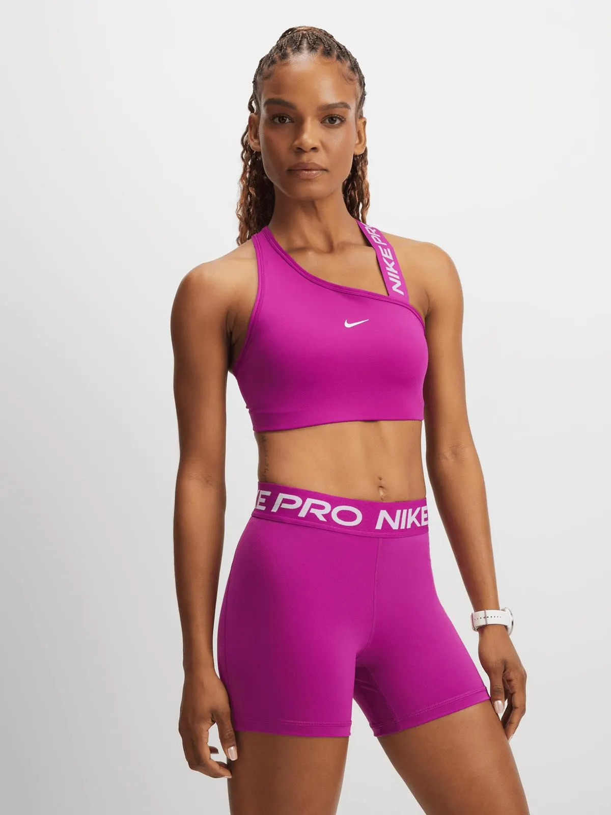 Nike Pro Womens Swoosh Asymmetrical Padded Hot Fuchsia Sports Bra