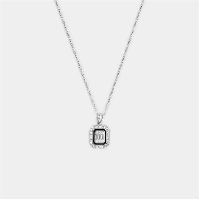 Sterling Silver Black Enamel Cubic Zirconia Cushion Cluster Halo Pendant